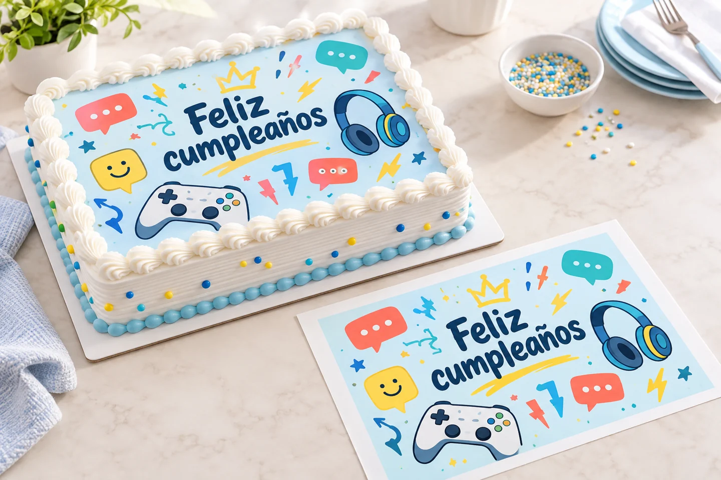 Pastel juvenil blanco y celeste con diseño colorido y su hoja comestible impresa