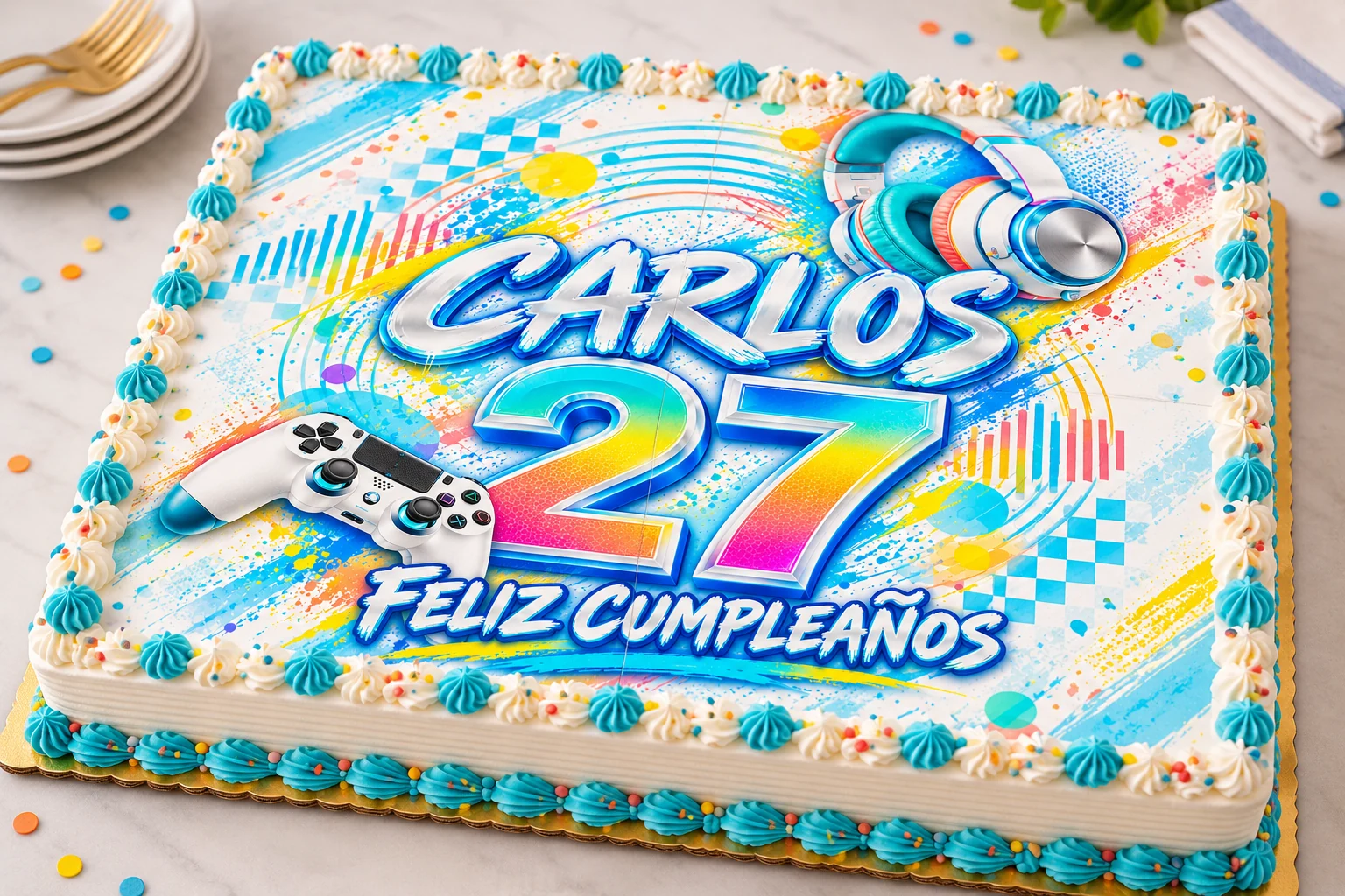 En un pastel grande. El mismo diseño ampliado, unido con cuatro hojas.