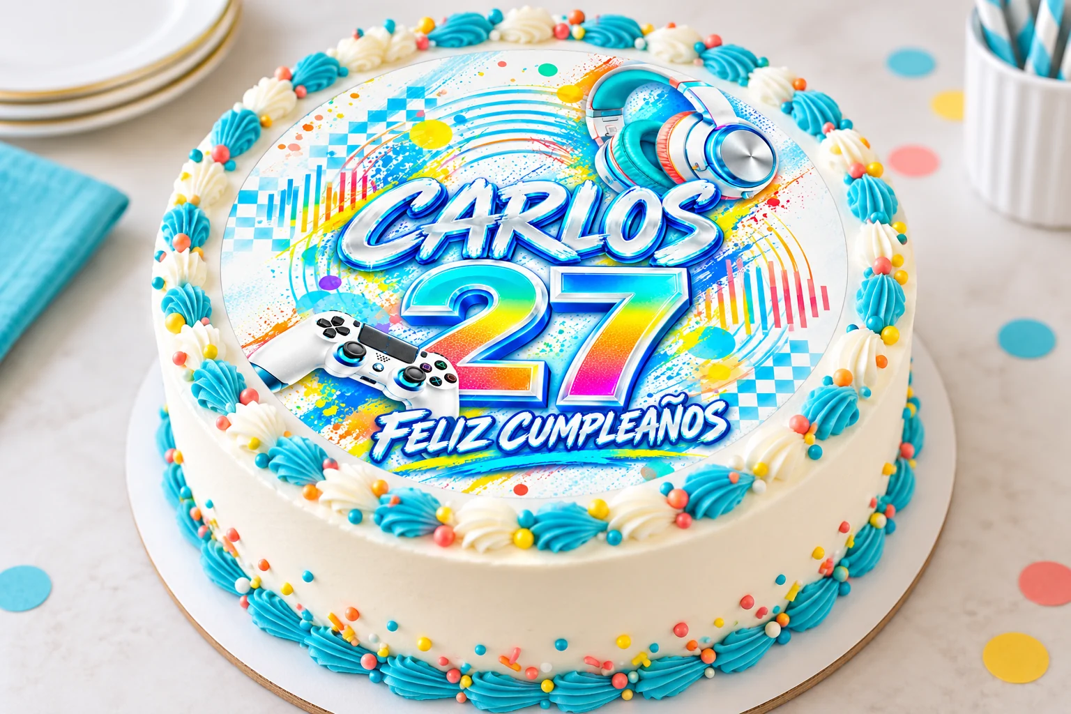 En un pastel redondo. Adaptamos el diseño al círculo y a la medida que necesitas.