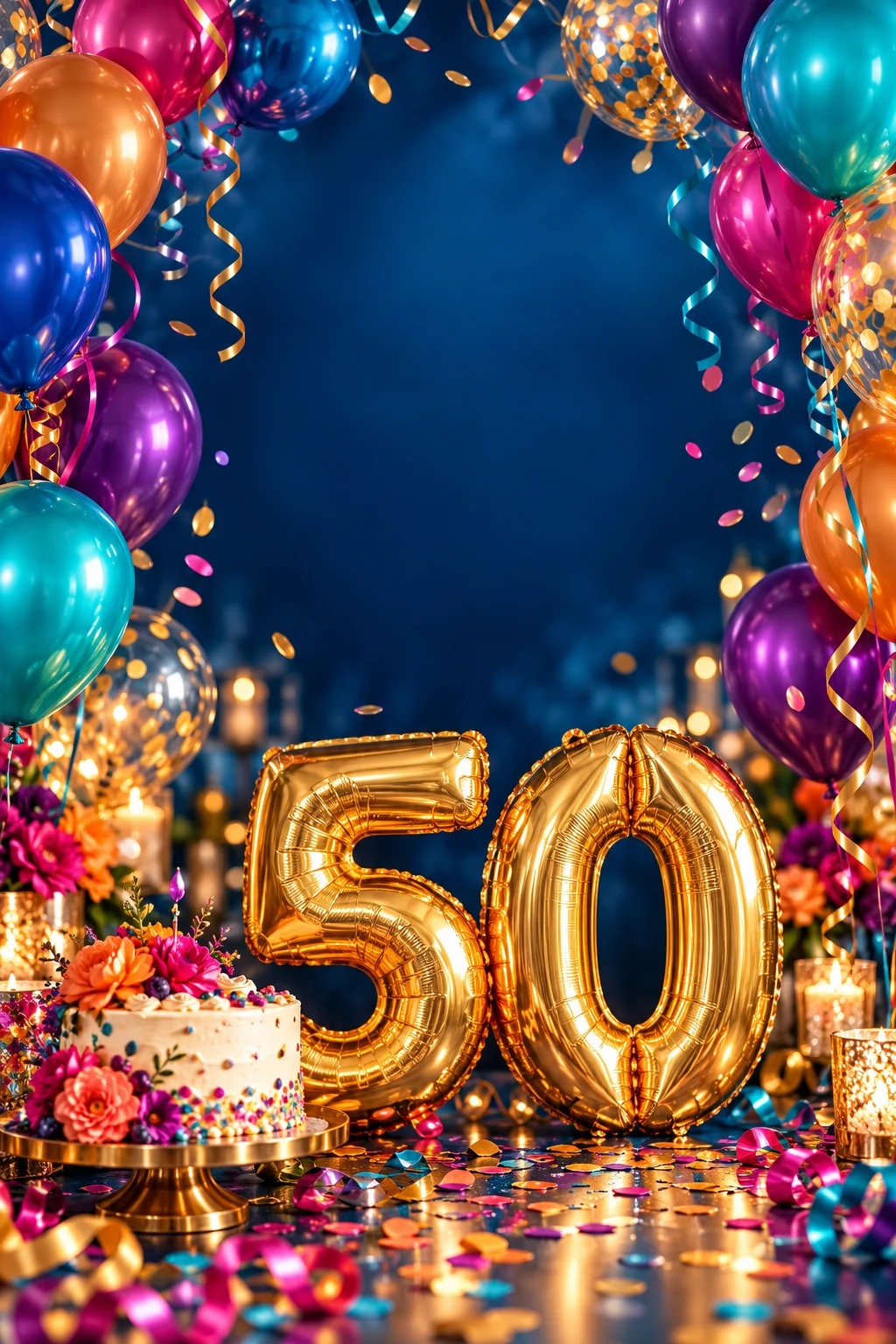 Invitación de cumpleaños con globos y detalles dorados