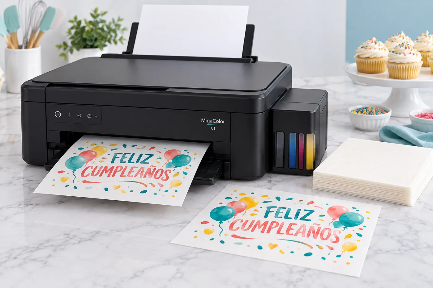 Impresora MigaColor C1 con diseño de cumpleaños y hojas de papel de arroz