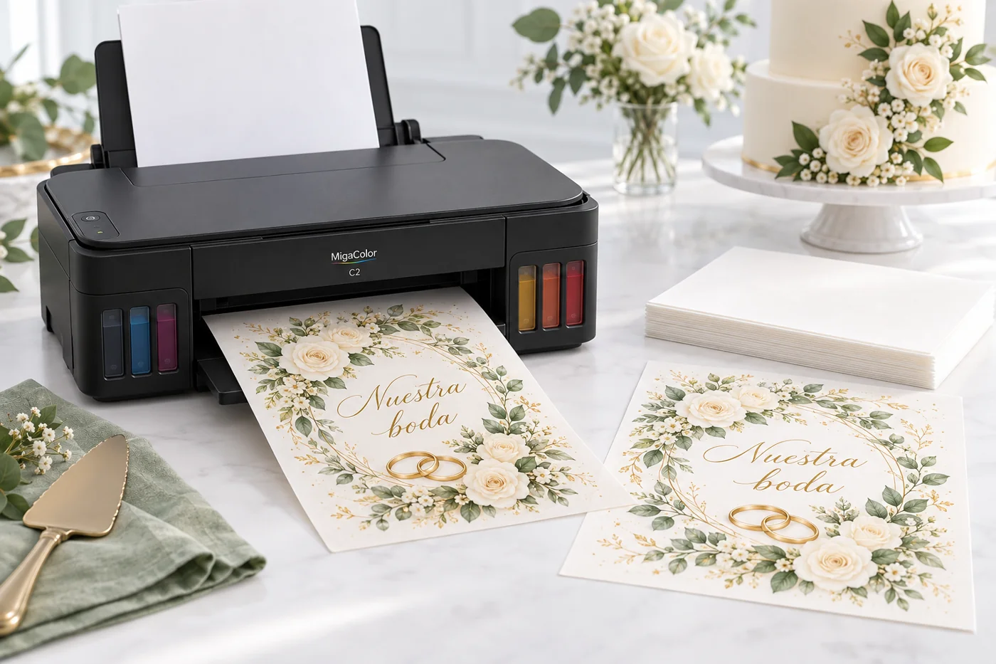 Impresora MigaColor C2 con diseño de boda y hojas de papel de arroz