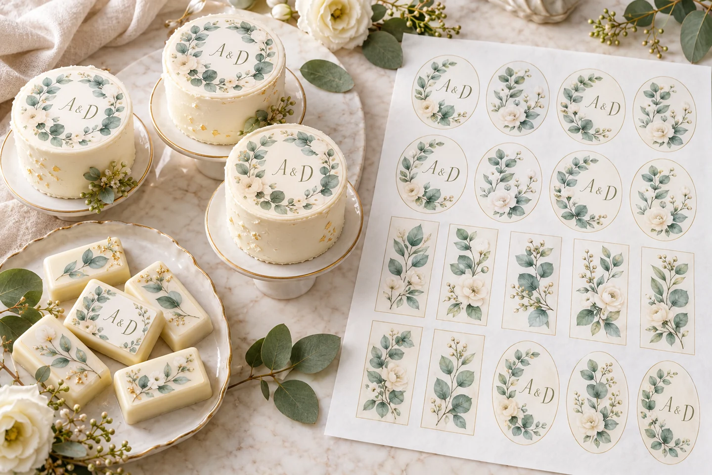 Mini pasteles y chocolates de boda con diseños de flores en papel de arroz